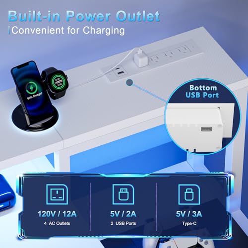 Image of REAHOME 61 Inch Gaming Desk with Charging Station and LED Lights, Reversible Computer Desk with Storage Drawer and Monitor Stand, Modern Desk Table with File Cabinet & Side Pocket, Carbon Fiber White