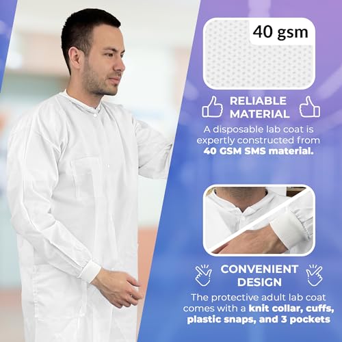 AMZ Medical Supply Casaco de laboratório descartável branco Pacote com 10 vestidos descartáveis à pr