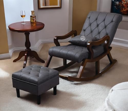 Image of Solid Sheesham Wood Rocking Chair for Living Room with Footrest and Pillow | Ergonomic Resting Chair with Ottoman for Relaxing and Pregnant Women (Grey)