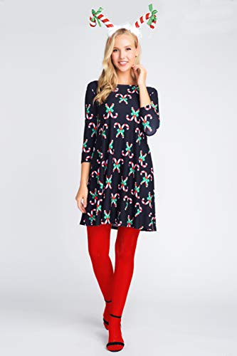 ICONOFLASH Christmas Dresses with Pockets for Women 3/4 Sleeves Swing Holiday Party Dress Up Color Candy Cane Pattern, Small