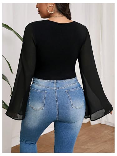 MakeMeChic Women's Plus Size Crop Top Bell Sleeve Tops V Neck Wrap Blouse Party T Shirts2