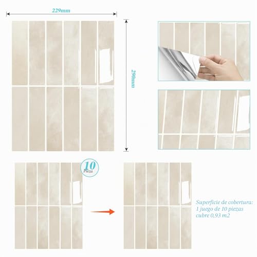 Miniatura 7 de Azulejos Adhesivos Cocina 10-Piezas, 3d Pegatinas De Baldosas, Vinilo Adhesivo Pared Para Cocina Y Baño K-Beige-22.9x29cm