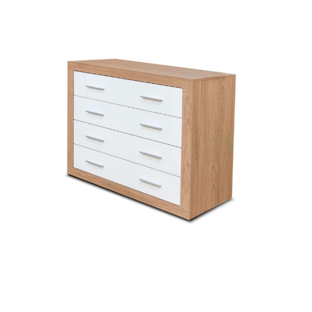 Set Completo de Dormitorio Kiara: Cabecero de Matrimonio, 2 Mesitas de Noche y Cómoda de 4 Cajones - Diseño Moderno y Elegante en Blanco y Cambria, Almacenamiento Funcional