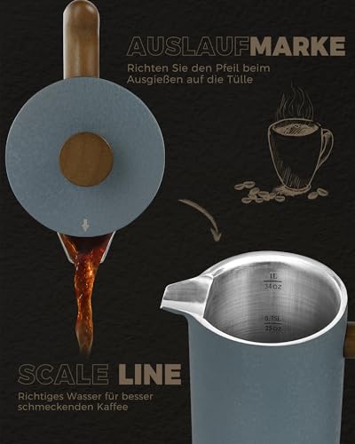 Poliviar French Press Kaffeebereiter 1 Liter/8 Tassen- Doppelwandige Isolierte Kaffeekanne und Teebereiter- Handfilter Kaffeepresse mit Plunger & Griff aus Holz (JX2023-FPLU-DE) 6