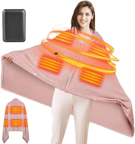 Heated Blanket Battery Operated Heated Shawl Wraps for Women Men Cordless Wearable Electric Blanket Rechargeable 5V 10000mah Heating Blanket USB Outdoor Portable Heated Blanket 6 Heating Zones Pink
