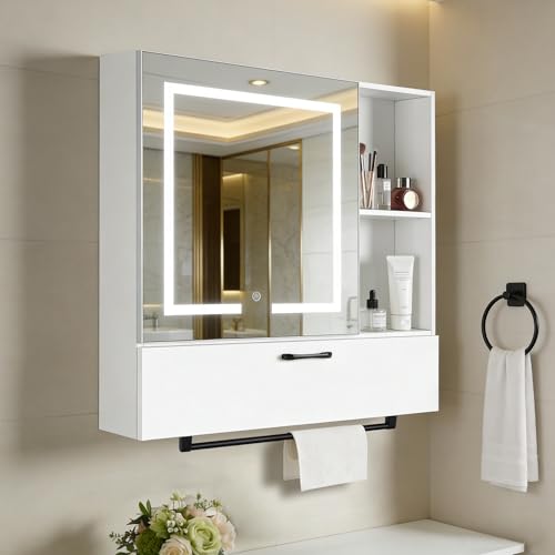 vellaniq LED Lighting with Socket and USB Bathroom Medicine Mirror Cabinet,Color Changing Anti Fog Light Strip,Equipped with Hair Dryer Rack and Towel Rack,Embedded or Wall Mounted,White - image 4