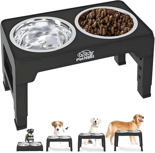 PETNEST Adjustable Elevated Dog Bowls with Two Stainless SteelBowls | Food Bowl Stand for Small, Large Breed | Raised Food Feeder | Raised Pet Bowls | Dog Bowls Elevated Stand 4 Adjustable Heights