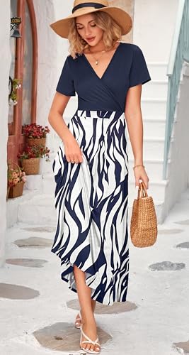 Image of WNEEDU Women's Summer Maxi Dress Short Sleeves Wrap V Neck Long Dresses with Pockets