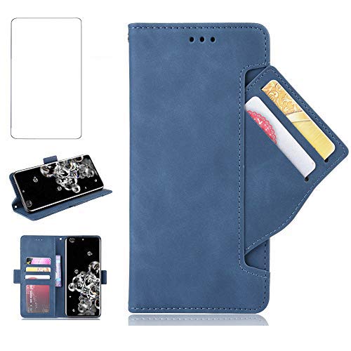 Wallet Phone Case for Samsung Galaxy A21S with Tempered Glass Screen Protector Cover and Cell Accessories Card Holder Slot Stand Flip Protective Glaxay A 21S Galazy A21 S SM-A217M Leather Cases Blue