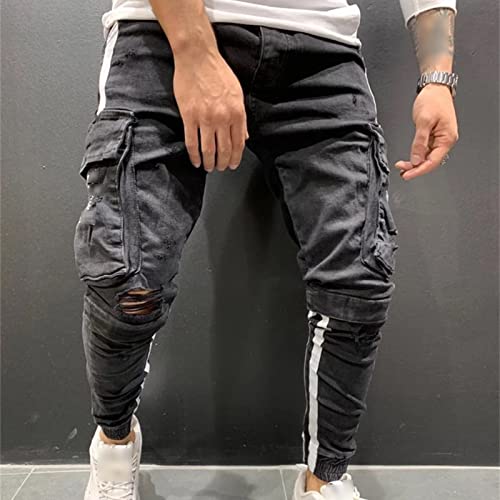 Maiyifu-GJ Men's Multi Pockets Ripped Jeans Destroyed Skinny Denim Pencil Pants Side Stripe Slim Jean Trousers with Holes3