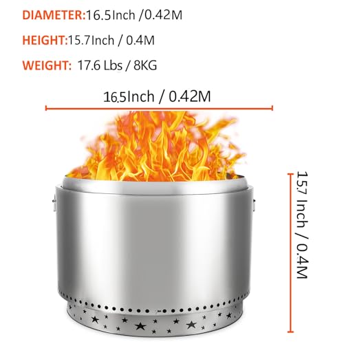 Smokeless Fire Pit with Air Switch, 16.5" 304 Stainless Steel Wood Burning Fireplaces, Portable Outdoor Bonfire Pit for Camping, Bonfires