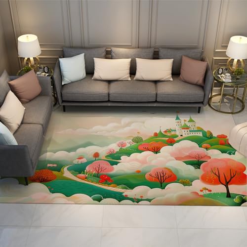 Tapis vert chemin de montagne dessin animé grand format lavable en machine - 2