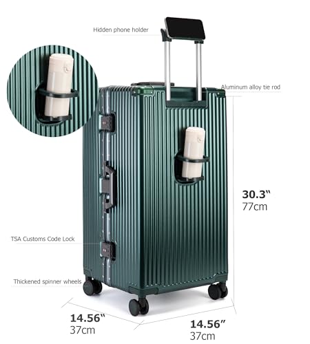 Image of feilario 30in Super Large Captain Aluminum Frame Hardside Spinner Wheels Luggage, Removable Wheels Zipperless Checked Suitcase with Cup Holder /Phone Holder (Forest Green,30in)