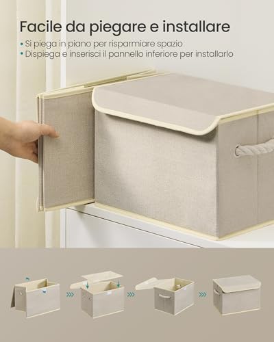 SONGMICS Scatole Portaoggetti con Coperchio, Set di 3, Contenitori in Tessuto Pieghevoli, Organizer per Armadio, Manici, per Camera da Letto Soggiorno, 38 x 25 x 25 cm, Beige Sabbia RFB013LZ01 - Immagine 4
