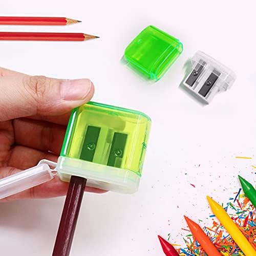 8 pcs Dual Hole Pencil Sharpeners and 4 pcs Erasers, Manual Pencil Sharpener with Cover, Portable Dual Hole Pencil Sharpener with Container for Kids Adults Student School Home Office Supplies