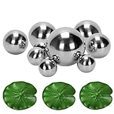Super Idee 9 er Set Schwimmkugeln Silber mit 3 Schwimmend Lotusblätter für Miniteich Terrassenteich Zinkwannen Solarbrunnen Garten Balkon Teiche Deko Teichkugeln Metallkugeln Gartenkugeln Dekokugeln