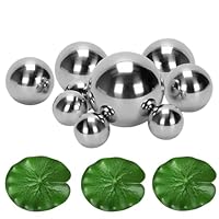 Super Idee 9 er Set Schwimmkugeln Silber mit 3 Schwimmend Lotusblätter für Miniteich Terrassenteich Zinkwannen Solarbrunnen Garten Balkon Teiche Deko Teichkugeln Metallkugeln Gartenkugeln Dekokugeln