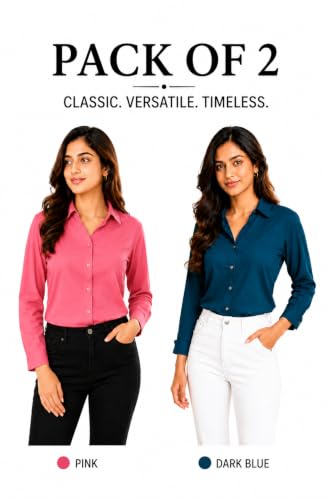 Image of FUNDAY FASHION Women Solid Regular Fit V Collered Casual Shirt (Pack of 2)