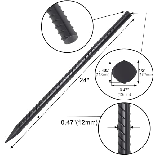 Rebar Stakes 24 Inch Landscape Timber Spikes (10 pcs), Heavy Duty Straight Garden Plant Stakes for Concrete Forming, 1/2\" Thickness Ground Anchors with Chisel Point End, Black - Thumbnail 2