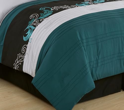 Chezmoi Collection Napa 7-Piece Luxury Leaves Scroll Embroidery Bedding Comforter Set (King, Teal/Black/Gray)