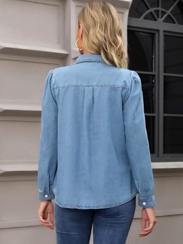 Women Denim Tops Pleated Front Puff Long Sleeve Lightweight Button Down Jean Shirts4