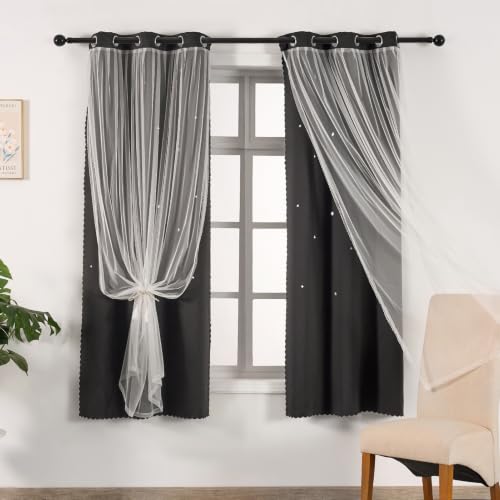 Image of indistar Star Cutout Kids Window Blackout Curtains for Girl Bedroom Window Room Darkening Curtains & Drapes Baby Nursery Curtains (2 Panel,35Wx63L inch,Black)