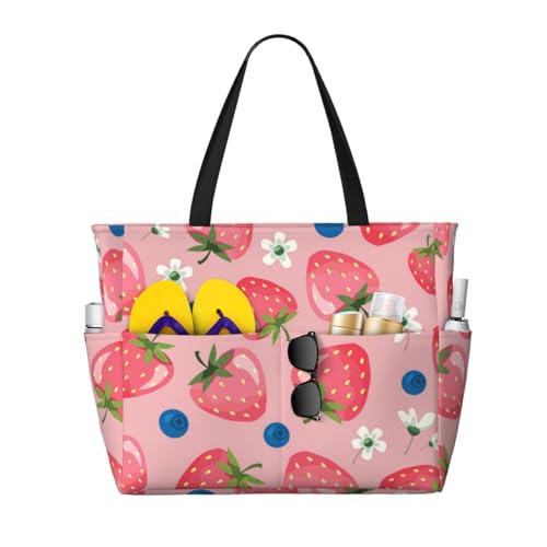 Sac de plage imprimé fraise rose, le grand cabas idéal pour vos pique-niques