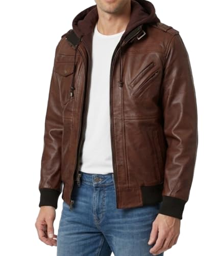 Image of Decrum Mens Leather Jacket - Detachable Hood Stylish Real Lambskin Leather Bomber Jacket Men