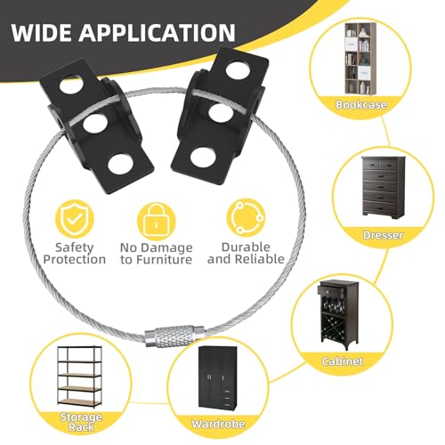 4our Kiddies 6 Pack Furniture Wall Anchors for Baby Proofing, Anti Tip Dresser Wall Safety Anchors, Secure 500LBs Furnitures, Bookcase, Dresser, Cabinet, Earthquake Straps for Child Safety(Black)