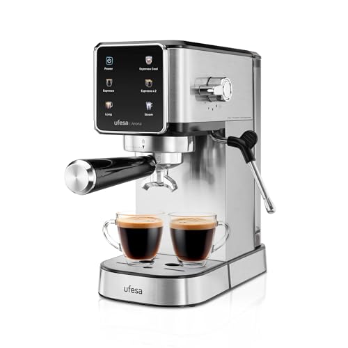 Ufesa Arona Macchina Caffè Espresso 1350W, Pannello Touch a Colori, 20 Bar, Funzione Espresso Cool, Lancia a Vapore Regolabile, Serbatoio Acqua 1L, Portafiltro in Metallo, Design Compatto Caffè Freddo