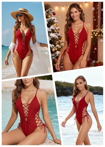 Image of Tempt Me Women Sexy Lace Up One Piece Swimsuit Deep Plunge V Neck High Cut Bathing Suits