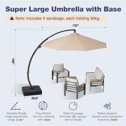 Image of Aoxun Aluminum Patio Furniture Set with Umbrella 4 Seats, Oversized Outdoor Sectional with Washable Thick Cushions, Coffee Table, Patio Conversation Sets for Porch, Balcony, Deck