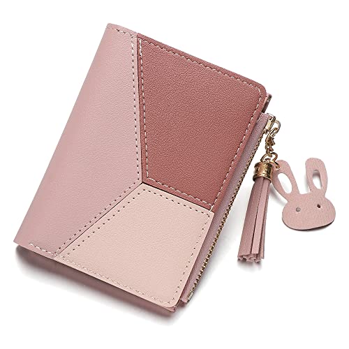 Short Wallet Foldable Portable Zipper Purse Patchwork Lady Coin Purses PU(pink)