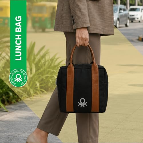 Image of United Colors of Benetton Lunch Bag for Women & Men, Insulated Bag, Tiffin Lunch Bag for Office /College /School, Bottle Holder, Lightweight, Durable Handles, Multiple Pockets (Black)