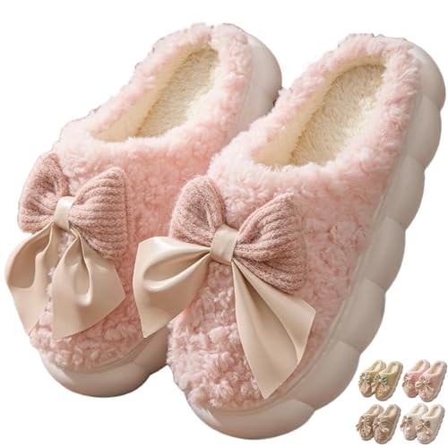 Bow Tie Slippers Cozy Soft Plush Slippers for Womens Lightweight Thick Sole Slippers Winter House Warm Slippers Shoes Indoor Non Slip Home Slippers Ladies Bedroom Fuzzy Slipper