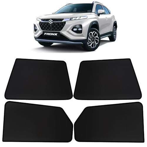 Image of OTO2EYE Car Sun Shade Compatible for Maruti Suzuki Fronx Model 2023 to 2024, Z-Black Fix Type Side Window Curtains, Only Half Cut in Front Window, 4 Pieces Set