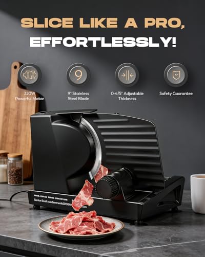 CGOLDENWALL 220W Meat Slicer, 9\" Electric Deil Food Slicer with 2 Stainless Steel Blades, 4/5\" Adjustable Thickness, Food Slicer Machine for Home Cutting Meat Cheese Bread Vegetables, 110V CE
