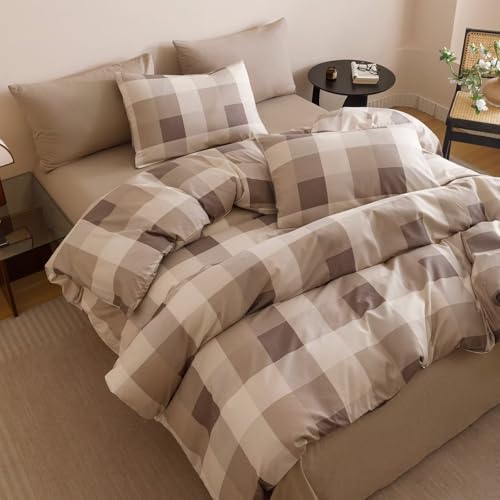 Cottonight Checkered Khaki Comforter Set King Men Gingham Grid Bedding Set Khaki and Cream Coffee Grid Comforter Fluffy Soft Blanket Quilts Modern Cottagecore Comforter for King Bed by Cottonight - Used condition - Image 6