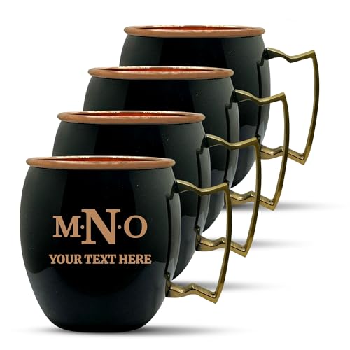 Custom Copper Moscow Mule with Smooth Painted Finish - Engraved Bar Style 100% Copper Cup with Personalized Interpoint Separator Monogram Themed Engraving, Brass Handle | 18 oz, Black | Set of 4