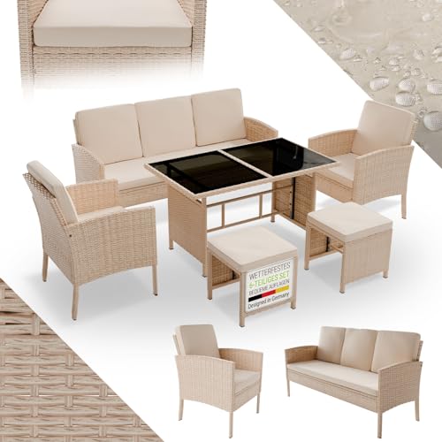 Juskys Salon de Jardin en rotin synthétique Turin - Ensemble 6 pièces - 7 Personnes - Meubles d'extérieur avec fauteuils, Table & Coussins - Crème/Sable