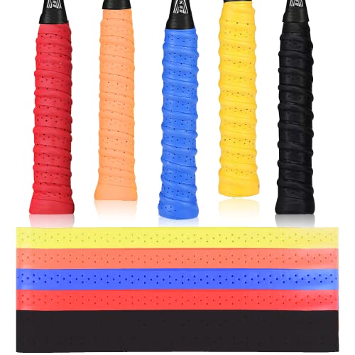Favson Absorbent Racket Grip Tape, 5 Pack PU Anti Slip Racquet Grip, Badminton Tennis Squash Baseball Handle GripTape, Super Breathable Perforated Grips, Replacement Grip Tape, Squash Grips