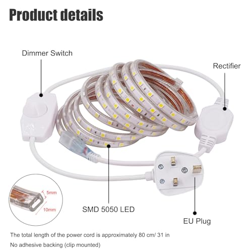 GQL 10m Dimmable LED Strip Mains Powered, WhiteSMD 5050 60leds/m IP65 Waterproof Commercial Rope Light with UK Plug, DIY Indoor Outside Decor Ribbon Lighting - Image 3