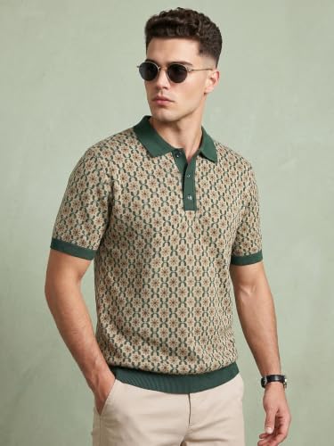 Image of Veirdo Men's Flatknit Printed Half Sleeve Polo T-Shirt with Collared Neck, Loose Comfortable Fit, Casual Style for Office, Travel, (Sizes S to 2XL)