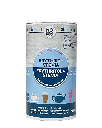 NO SUGAR SUGAR 1 kg Erythrit + Stevia vegan, 100% zucker- & kalorienfreier Zuckerersatz, zahnfreundliche 1:1 Süße gegenüber Zucker, gesunde Alternative ohne Eigengeschmack zum Kochen, Backen, Süßen