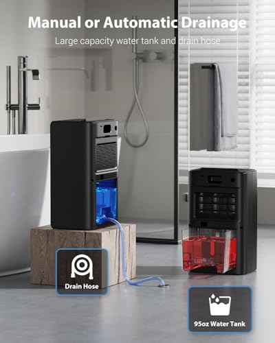 Image of UBBO 95oz Dehumidifiers for Home, 1000 Sq.Ft Dehumidifier with Drain Hose - Auto Shut Off, Timer, Sleep Mode & Drain Hose - 7 Color Light for Bedroom, Bathroom, RV - Black Gold