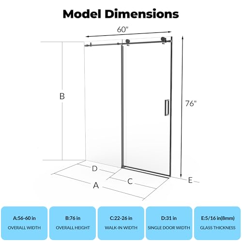 Image of Frameless Shower Doors 56-60 inch W x 76 inch H, Sliding Door, 5 /16 inch (8mm) Clear Tempered Glass, Space-Saving Design for Modern Bathrooms