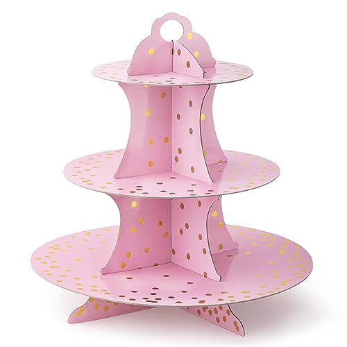 ROYAL BLUEBONNET Cardboard Cupcake Stand, Pink and Gold, 3 Tier, ...
