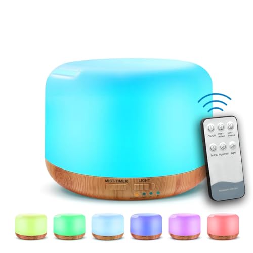 Diffusore di Oli Essenziali, 300ml, Umidificatore Ultrasonico con 7 Luci LED, Telecomando, Timer 4-6 Ore