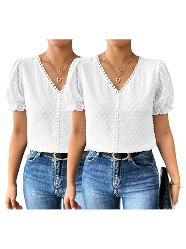 Image of Shasmi Women's Elegant French Textured Fabric Solid Color Lace Panel V-Neck Jacquard Blouse,Short Puff Sleeve Tops Simple Daily Spring /Summer Casual Blouse Shirt (Top 178)