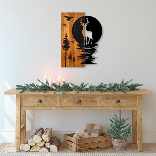 Elegancki dekoracyjny drewniany element ścienny, orzech i czerń, 43 x 58 x 3 cm | 100% drewno (3 cm) i metal (1,5 mm) | unikalny design do stylowej dekoracji domu